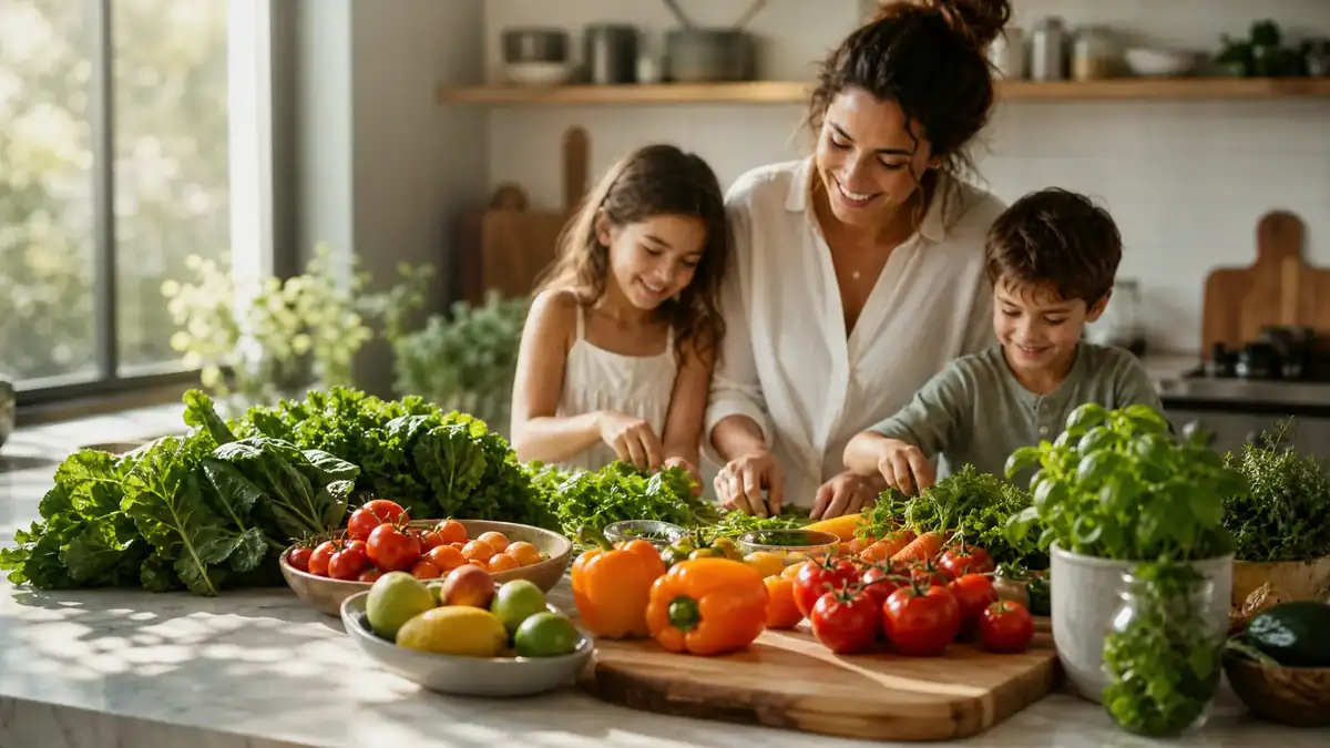 A family preparing an abundance of fresh, colourful vegetables together in a bright sunlit kitchen